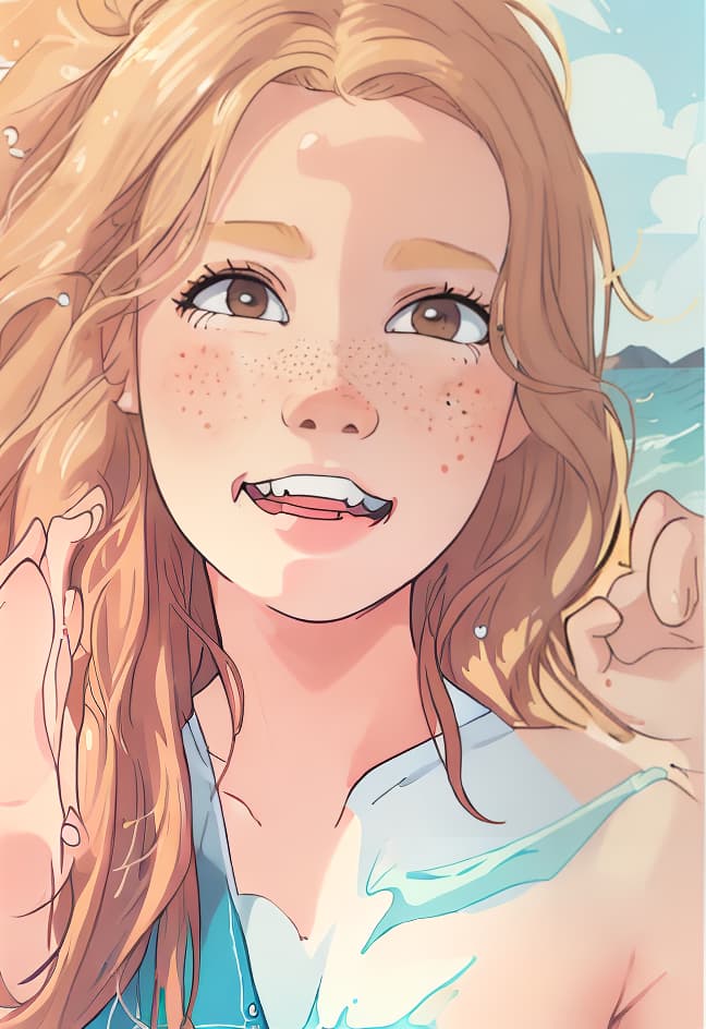  (best quality, masterpiece), 1girl, upper body, paw pose, smile, laughing, happy, ocean, crop top, shorts, blonde, freckles, blush, looking at viewer, wavy hair, long hair, cloud, splashing, waves, sun, mountain, wet 