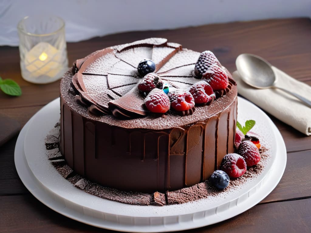  A closeup, ultradetailed image of a freshly baked quinoa chocolate cake, topped with a delicate dusting of cocoa powder and garnished with raspberries and mint leaves on a sleek, white minimalist plate. The rich, moist texture of the cake is evident, with visible specks of quinoa adding a unique touch to the dessert. The vibrant red of the raspberries contrasts beautifully with the deep brown of the cake, creating an enticing visual appeal that is both elegant and appetizing. hyperrealistic, full body, detailed clothing, highly detailed, cinematic lighting, stunningly beautiful, intricate, sharp focus, f/1. 8, 85mm, (centered image composition), (professionally color graded), ((bright soft diffused light)), volumetric fog, trending on instagram, trending on tumblr, HDR 4K, 8K