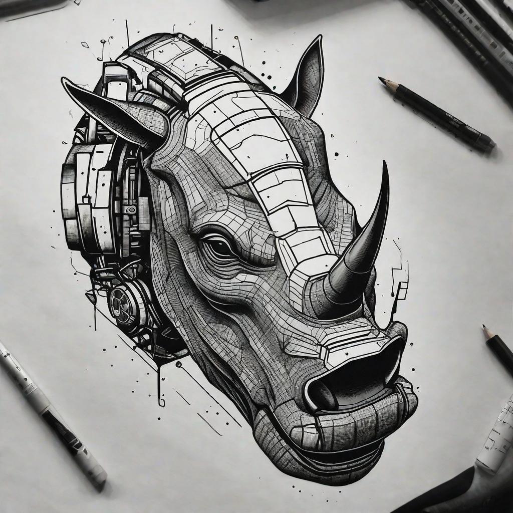  masterpiece, best quality, black & white, minimalist, simple, very low detailed tattoo of rhino cyborg/robot