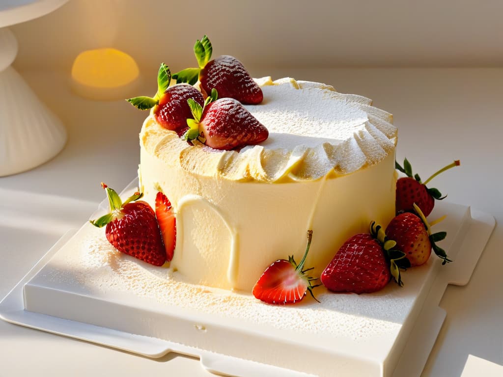  A closeup, ultradetailed image of a slice of Angel Food Cake resting on a delicate white porcelain plate. The cake is perfectly fluffy and light, with a subtle golden hue on the edges. Its surface is dusted with a light sprinkle of powdered sugar, and a few fresh, vibrant red strawberries are artfully arranged on top, adding a pop of color to the scene. The background is softly blurred, emphasizing the intricate texture of the cake and the glossy sheen of the strawberries. hyperrealistic, full body, detailed clothing, highly detailed, cinematic lighting, stunningly beautiful, intricate, sharp focus, f/1. 8, 85mm, (centered image composition), (professionally color graded), ((bright soft diffused light)), volumetric fog, trending on instagram, trending on tumblr, HDR 4K, 8K