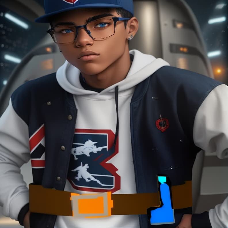 A 17-year old male hip hop musician with golden tan skin, dark blue hair, blue eyes, and glasses wearing a white sweatshirt, a red, white, blue, and black varsity jacket, jeans with a belt, boots, a holster with a laser gun, and a blue snapback hat standing with his hands on his hips in a battle ready pose in front of a space video game battle background with an angry expression. Graphic novel style, in space scene , masterpieces, top quality, best quality, official art, beautiful and aesthetic, realistic, 4K, 8K