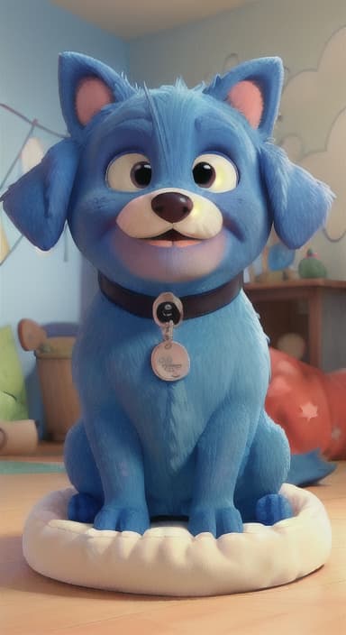  {Max snuggled up in his comfy dog bed inside the house, fast asleep, The big blue dog is large with sky blue fur, big round eyes, a black nose, and floppy ears.