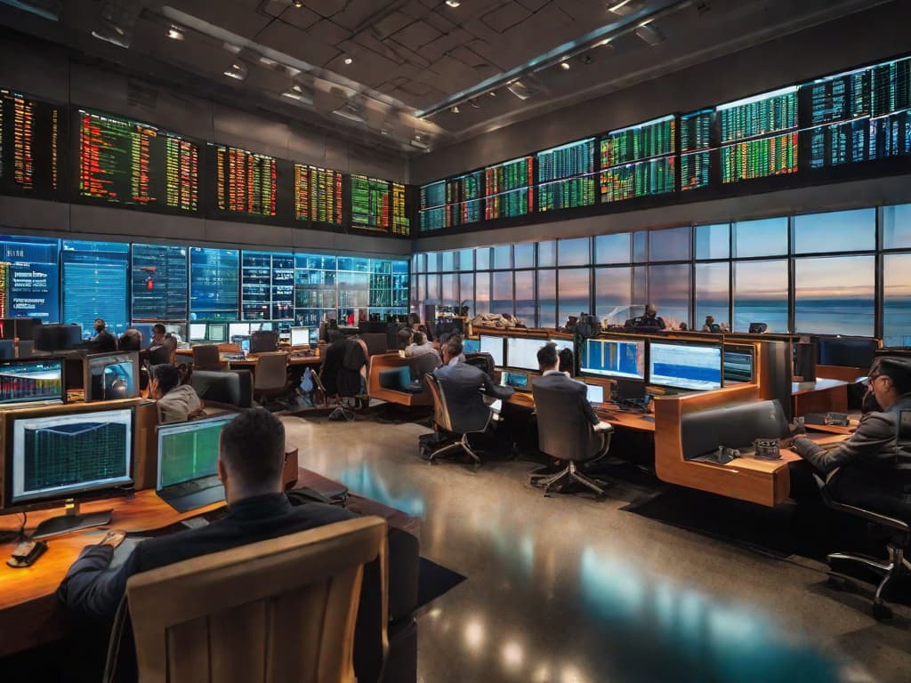  A dynamic image of a stock market trading floor, with screens displaying rising graphs and financial data, symbolizing expert analysis and investment choices. digital art, ilustration, no flares, clean hyperrealistic, full body, detailed clothing, highly detailed, cinematic lighting, stunningly beautiful, intricate, sharp focus, f/1. 8, 85mm, (centered image composition), (professionally color graded), ((bright soft diffused light)), volumetric fog, trending on instagram, trending on tumblr, HDR 4K, 8K