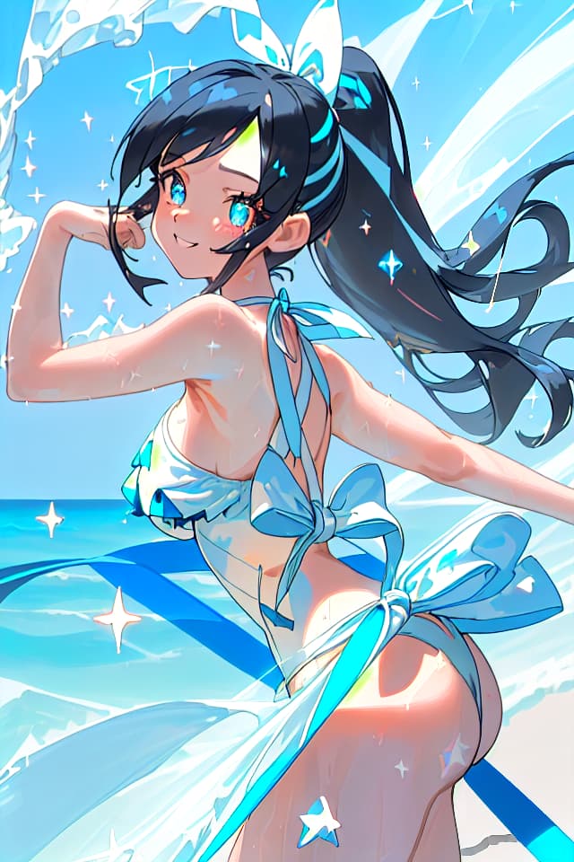  Masterpiece,one girl,cute,black glossy hair color,delicate hair color,ponytail,swaying hair,(((sparkling delicate ☆ eyes))),happy smiling,looking back,UPPERBODY,(((swimsuit: blue and white colors,with ribbon)))perfect proportions,beach,palm,sheet of spray,painted with pink,blue and white colors,super high quality,8K