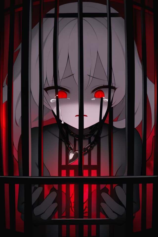  masterpiece,best quality,highres,An image of a girl with red eyes,wearing black gloves and a signature necklace,crying with eyes open and hands up,inside a cage,blood,and chain.slanted eyes,red and black theme,(floating hair),((dark)),(darkness),(((flame))),(((magical girl))),((magic circle)),from above,hand up,(angry)