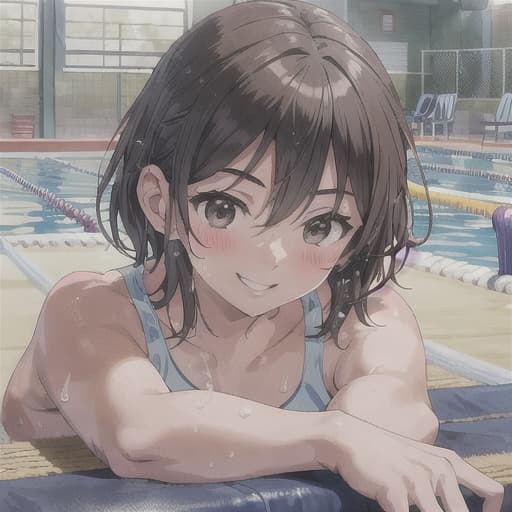  master piece , best quality,A female swimming coach strips in the changing room and has sweaty, intense with a young boy. hair, sunburn, smile, bed shota