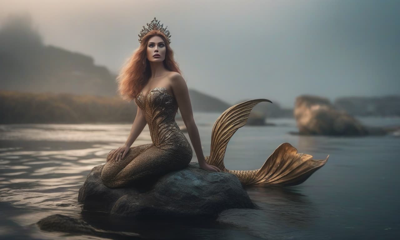  A mermaid in the fog at the bottom. On the right side of the image. hyperrealistic, full body, detailed clothing, highly detailed, cinematic lighting, stunningly beautiful, intricate, sharp focus, f/1. 8, 85mm, (centered image composition), (professionally color graded), ((bright soft diffused light)), volumetric fog, trending on instagram, trending on tumblr, HDR 4K, 8K