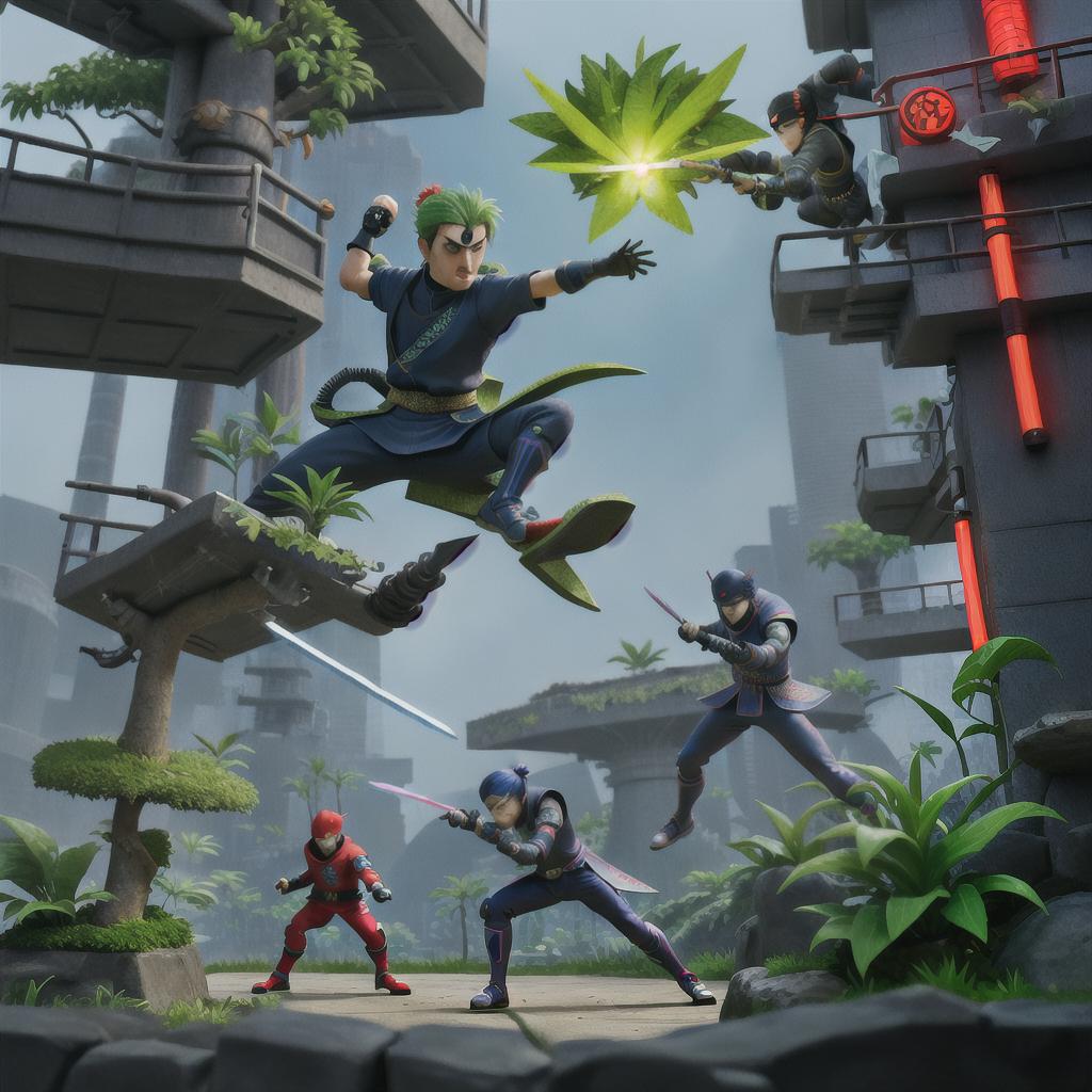  Ninja, Plant, Cyberpunk, Japanese Sword, Mechanical, Combat, Laser, Diagonal Confrontation, Grand Panorama
