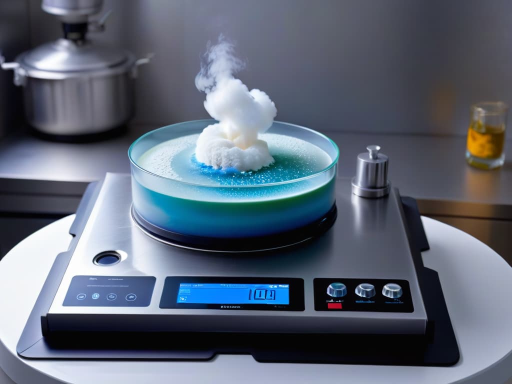  An ultradetailed 8k image of a sleek, modern kitchen countertop adorned with intricate molecular gastronomy tools like precision scales, syringes, and petri dishes filled with colorful ingredients. A subtle haze of liquid nitrogen billows from a dewar in the background, adding an element of mystery and innovation to the scene. The lighting is soft and focused, casting dramatic shadows that accentuate the scientific precision of the setup. hyperrealistic, full body, detailed clothing, highly detailed, cinematic lighting, stunningly beautiful, intricate, sharp focus, f/1. 8, 85mm, (centered image composition), (professionally color graded), ((bright soft diffused light)), volumetric fog, trending on instagram, trending on tumblr, HDR 4K, 8K