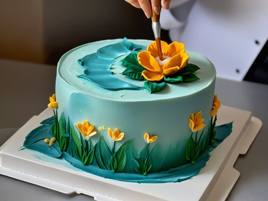  A closeup, ultradetailed image of a delicate fondant flower being meticulously painted with edible colors, showcasing intricate brush strokes and vibrant hues blending seamlessly on the smooth fondant canvas. The focus is on the skilled hands of a pastry chef, elegantly holding a finetipped brush, adding meticulous details to the artful creation, with soft lighting enhancing the depth and textures of the edible masterpiece. hyperrealistic, full body, detailed clothing, highly detailed, cinematic lighting, stunningly beautiful, intricate, sharp focus, f/1. 8, 85mm, (centered image composition), (professionally color graded), ((bright soft diffused light)), volumetric fog, trending on instagram, trending on tumblr, HDR 4K, 8K