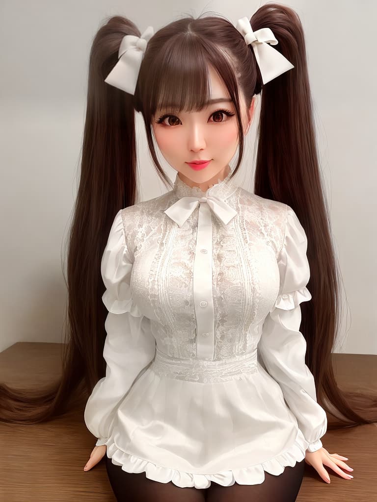  (real person), (:1.5), really young looking and adorable female, Japanese, short, age 22, room, long brown hair with twin tails and white bows on the sides, brown big eyes, fairly pale skin, adorable doll like face, , with really tight black stockings, full body, lying looking at the viewer with a ful and smile, fat with a and bimbo body, mive , high detailed face, detailed clothing, beautiful eyes, best quality, ultra high resolution, extremely detailed, bright light, 1 , solo, ultra realistic, highly detailed, hyperrealistic hyperrealistic, full body, detailed clothing, highly detailed, cinematic lighting, stunningly beautiful, intricate, sharp focus, f/1. 8, 85mm, (centered image composition), (professionally color graded), ((bright soft diffused light)), volumetric fog, trending on instagram, trending on tumblr, HDR 4K, 8K