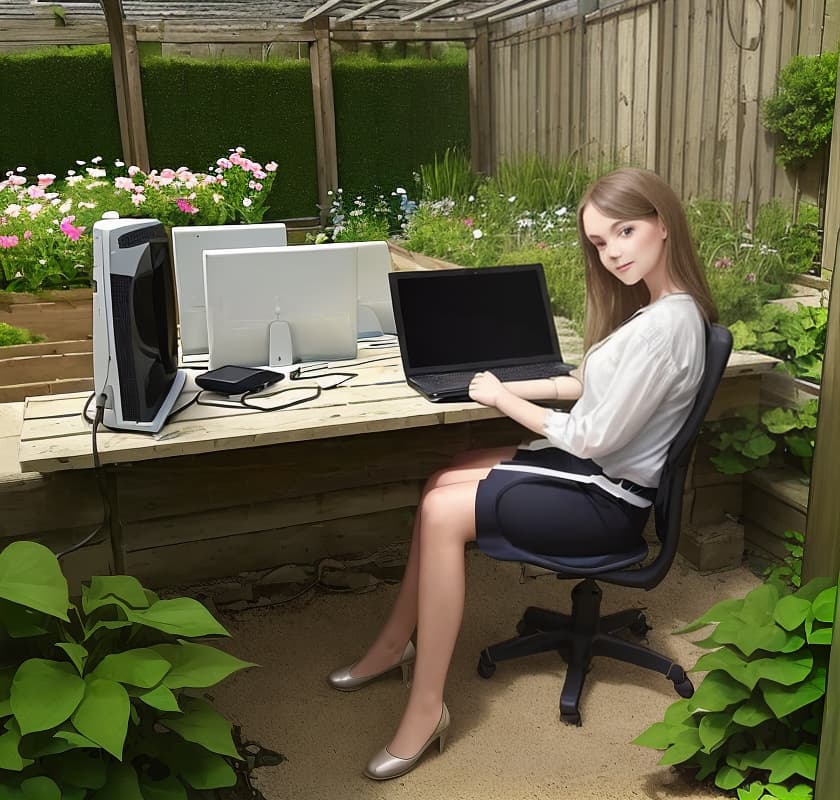  Beautiful girl sits working on the computer in the garden