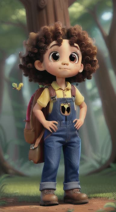  {The tree with a twinkling eye, while its leaves gently rustle., Riley, a curious with big brown eyes and curly hair, wearing overalls and carrying a small backpack. Their friend, Skye, a bluebird with shiny feathers.