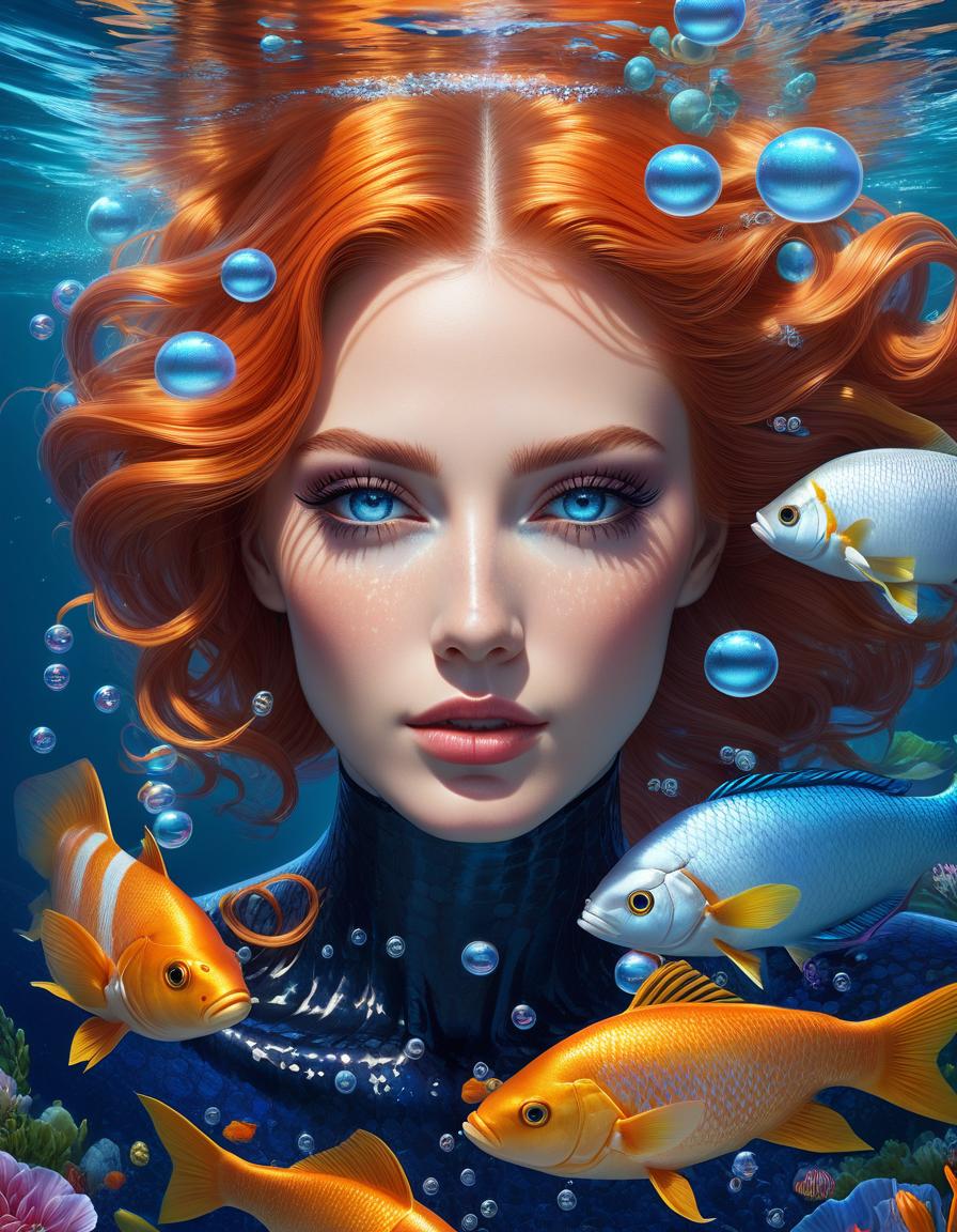  nautical themed A masterpiece, the best quality. A young woman with striking blue eyes and multicolored hair that is combed up, in which various water elements are intertwined. It is surrounded by colorful fish, including an orange rose and white lilies, and colorful fish, both large and small, swim around it. The background is a serene blue, reminiscent of an underwater scene, and bubbles are scattered everywhere. The woman's face is decorated with freckles, and she has a calm, almost amorous expression., painting, illustration, cinematography, 3d rendering, conceptual art . sea, ocean, ships, maritime, beach, marine life, highly detailed hyperrealistic, full body, detailed clothing, highly detailed, cinematic lighting, stunningly beautiful, intricate, sharp focus, f/1. 8, 85mm, (centered image composition), (professionally color graded), ((bright soft diffused light)), volumetric fog, trending on instagram, trending on tumblr, HDR 4K, 8K