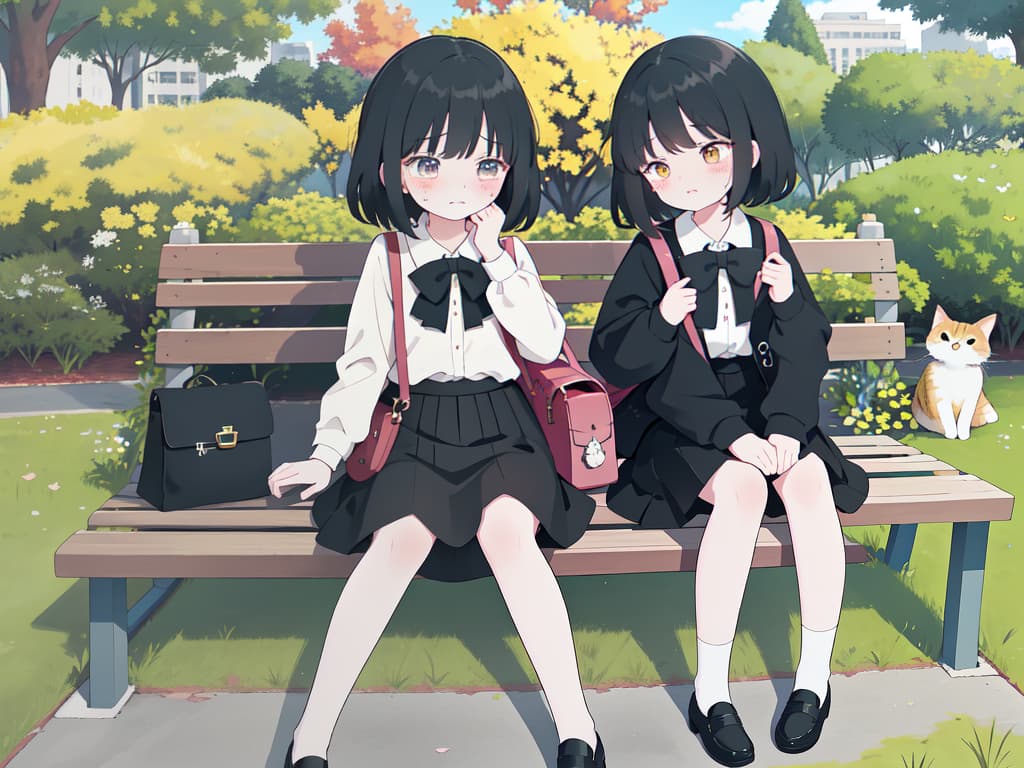  Crying, sitting, turning, CAT, Park, black hair, looking up, Skirt, Katyusha, key chain, BAG, masterpiece, best quality,8k,ultra detailed,high resolution,an extremely delicate and beautiful,hyper detail