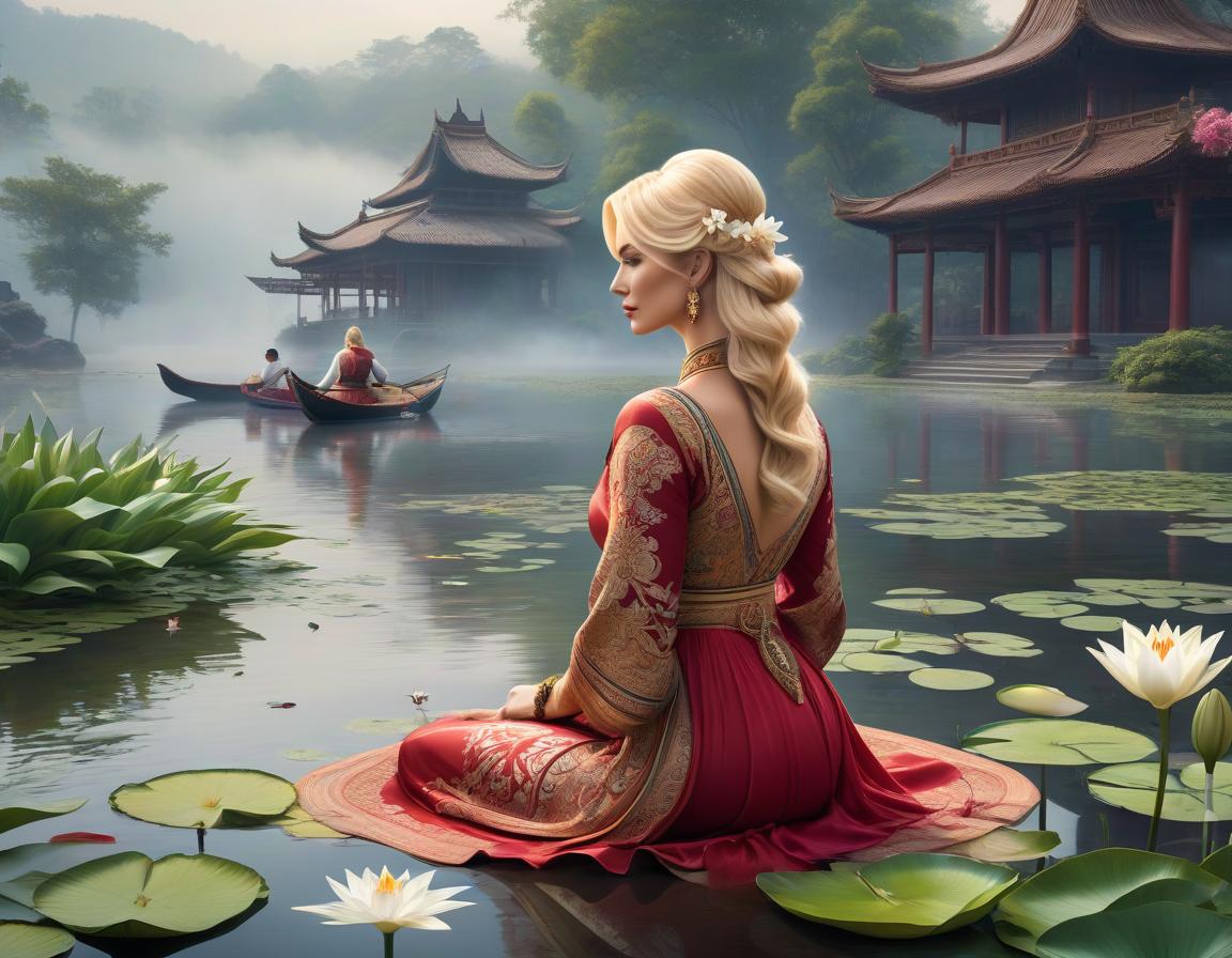  Visual art of a place where inventions and adventures feel, very detailed and deep depiction. A blonde woman with a beautiful back wearing ethnic clothing sits on the shore on a carpet next to a pond with a lily on her hand. In the background, a misty smoke .Use only three colors and their shades. (Translation: Visually representing a place where inventions and adventures are sense, with detailed and deep imagery. A blonde woman sporting an ethnic dress sits by the pond's shore on a carpet, her hand holding a lily. In the background, a smoky mist hovers.) hyperrealistic, full body, detailed clothing, highly detailed, cinematic lighting, stunningly beautiful, intricate, sharp focus, f/1. 8, 85mm, (centered image composition), (professionally color graded), ((bright soft diffused light)), volumetric fog, trending on instagram, trending on tumblr, HDR 4K, 8K