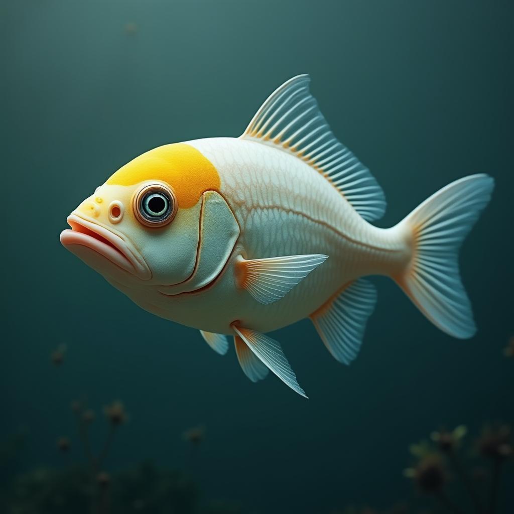  good quality, high quality, a fish with a yellow spot on its head is swimming in the water.