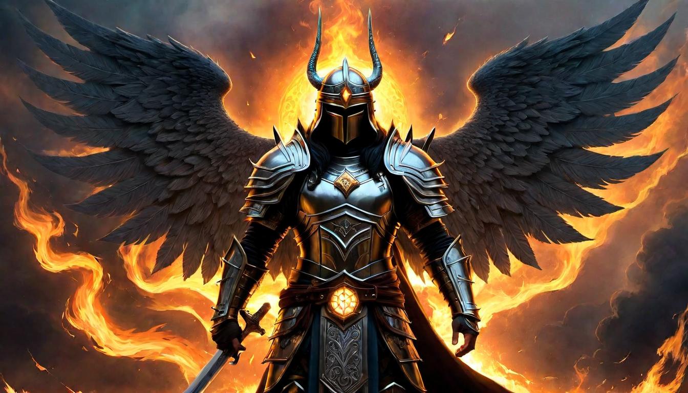  （surrealism)A radiant figure cloaked in divine light, armored and standing tall, intricate symbols glowing on armor, ethereal wings unfurled, burning intensity in eyes, embodiment of divine warrior, celestial, powerful mystic, intricate details, best quality)