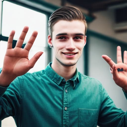  A Beautiful man shows hands- signs for the deaf and dumb with his hands