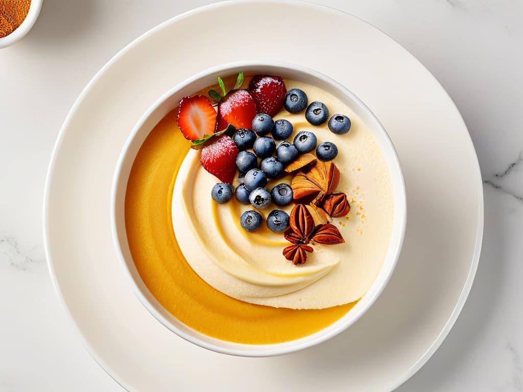  An ultradetailed image showcasing a beautifully presented Colombian natilla dessert in a sleek, modern bowl. The natilla is perfectly smooth and creamy, topped with a delicate sprinkle of cinnamon and a vibrant garnish of fresh berries and mint leaves. The bowl is set on a clean, white marble countertop, with soft natural light gently illuminating the dessert, highlighting its rich texture and inviting colors. hyperrealistic, full body, detailed clothing, highly detailed, cinematic lighting, stunningly beautiful, intricate, sharp focus, f/1. 8, 85mm, (centered image composition), (professionally color graded), ((bright soft diffused light)), volumetric fog, trending on instagram, trending on tumblr, HDR 4K, 8K