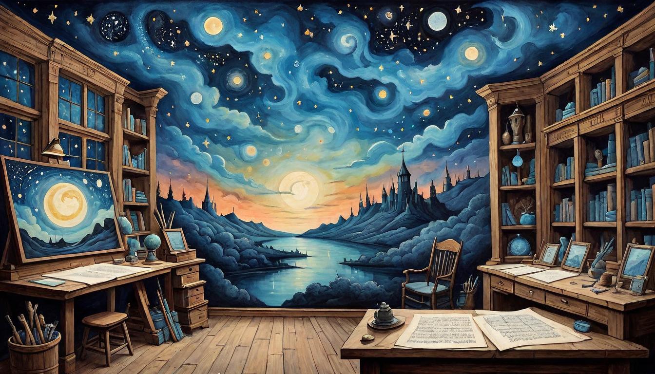  on parchment, surrealism+++, A canvas painted with the night sky stretches across an artist's studio, where imagination reshapes the mundane into the marvelous. Canvas of the night sky, artist's studio brimming with creativity, transformation of the mundane, imagination's power, fostering of creativity and innovation.(mysterious, provocative, symbolic,muted color)+++