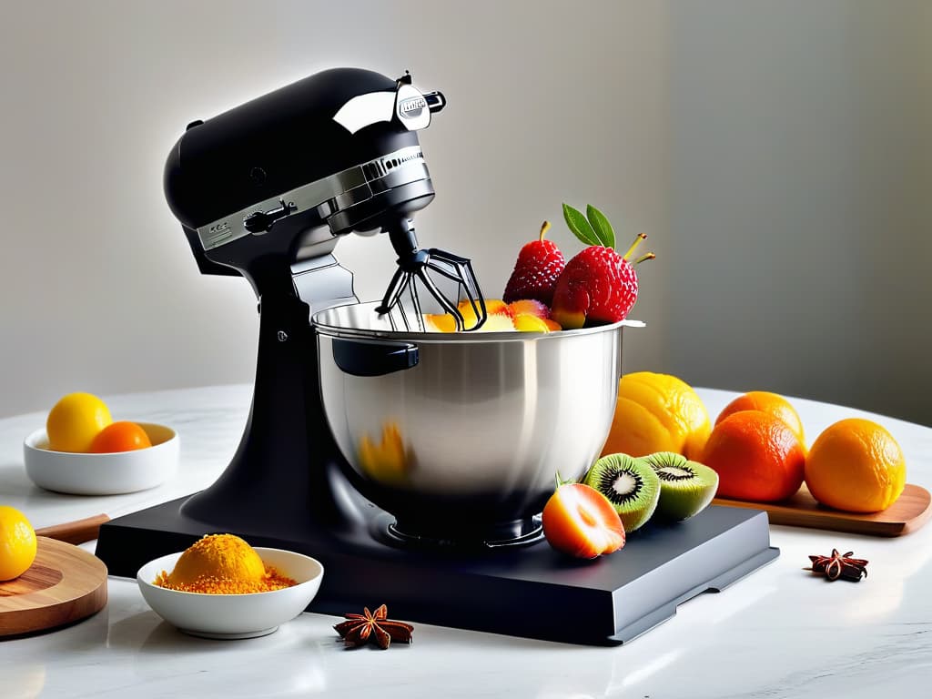  A pristine white marble countertop adorned with an array of meticulously crafted fusion pastries, each one a harmonious blend of traditional and modern baking techniques. A sleek matte black stand mixer hums softly in the background, surrounded by bowls of vibrant exotic fruits and aromatic spices. The pastries glisten under soft, natural light, showcasing intricate layers and delicate decorations that hint at the innovative flavors waiting to be savored. hyperrealistic, full body, detailed clothing, highly detailed, cinematic lighting, stunningly beautiful, intricate, sharp focus, f/1. 8, 85mm, (centered image composition), (professionally color graded), ((bright soft diffused light)), volumetric fog, trending on instagram, trending on tumblr, HDR 4K, 8K