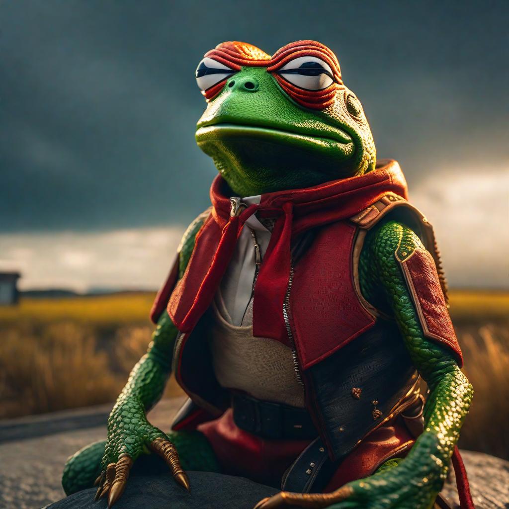  dying pepe hyperrealistic, full body, detailed clothing, highly detailed, cinematic lighting, stunningly beautiful, intricate, sharp focus, f/1. 8, 85mm, (centered image composition), (professionally color graded), ((bright soft diffused light)), volumetric fog, trending on instagram, trending on tumblr, HDR 4K, 8K