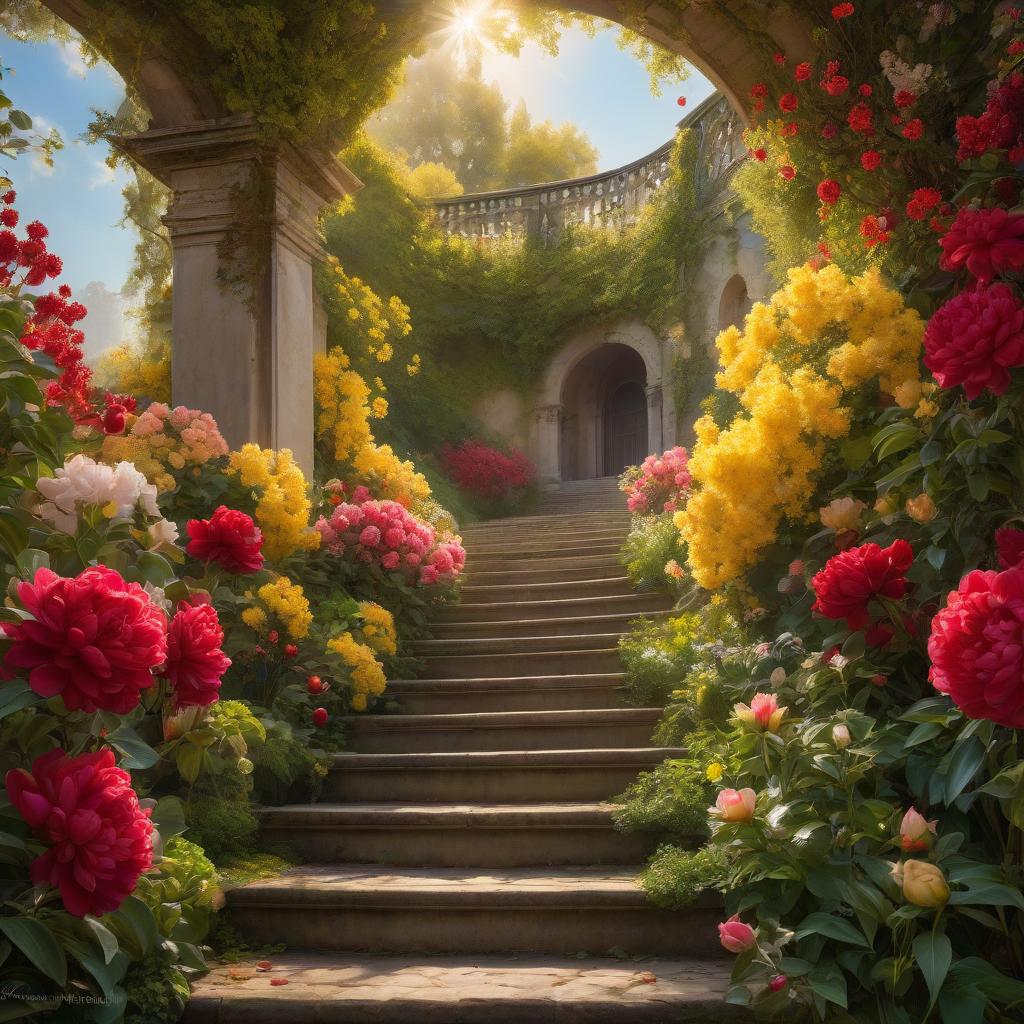  А very beautiful stairway to the sky. . (Sparkling rim)): spring field, hyacinths, roses, rosehips, rose hips, peonies, cherry tree, yellow, red. Surrealist abstractionism. Honoré Fargonard, Alfonso Mucha. hyperrealistic, full body, detailed clothing, highly detailed, cinematic lighting, stunningly beautiful, intricate, sharp focus, f/1. 8, 85mm, (centered image composition), (professionally color graded), ((bright soft diffused light)), volumetric fog, trending on instagram, trending on tumblr, HDR 4K, 8K