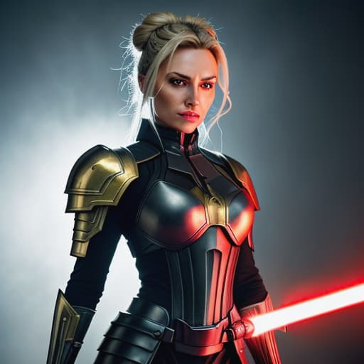  /send image blonde sith with yellow eyes and yellow lightsaber, black armorIn this breathtaking scene, a mesmerizing blonde Sith stands proudly amidst the debris of an apocalyptic wasteland. Enrobed in sleek black armor, she exudes confidence and dominance. Her hair, tied back into a neat bun, shimmers under the dim light, creating a radiant halo around her head. Intense yellow eyes gaze fiercely from beneath the helm of her armor as if daring anyone to defy her might. Her right hand holds aloft a menacing yellow-bladed lightsaber that hums softly with power. The vibrant energy stream from her sword subtly melts some nearby scrap metal fragments, emphasizing her control over the Force as it ripples through the air around her. Surrounded by  hyperrealistic, full body, detailed clothing, highly detailed, cinematic lighting, stunningly beautiful, intricate, sharp focus, f/1. 8, 85mm, (centered image composition), (professionally color graded), ((bright soft diffused light)), volumetric fog, trending on instagram, trending on tumblr, HDR 4K, 8K