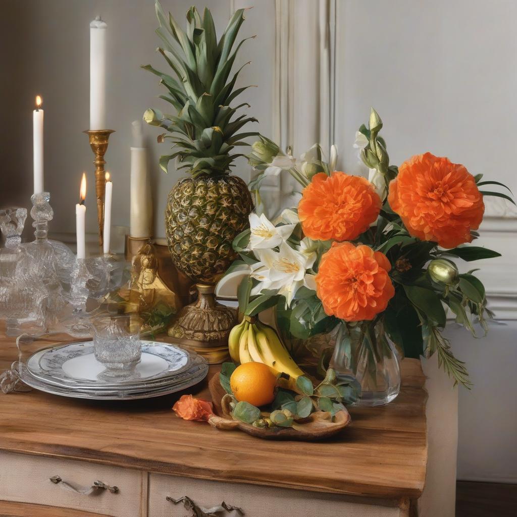  One banana, one orange and one pineapple stand by a beautiful vase, next to it there's a vase with white lilies and red roses. On the table, there's a candle in a beautiful candelabra, behind the window, still life, Dutch painting from the 17th century, high brushwork detail. hyperrealistic, full body, detailed clothing, highly detailed, cinematic lighting, stunningly beautiful, intricate, sharp focus, f/1. 8, 85mm, (centered image composition), (professionally color graded), ((bright soft diffused light)), volumetric fog, trending on instagram, trending on tumblr, HDR 4K, 8K