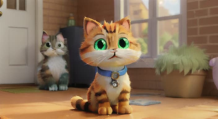  {A cheerful cat named Whiskers standing in front of a cozy, brick house on a sunny day., Whiskers is a small, fluffy cat with bright, green eyes and soft, orange fur. He wears a little blue collar with a shiny silver tag. Whiskers is always curious and loves to explore.