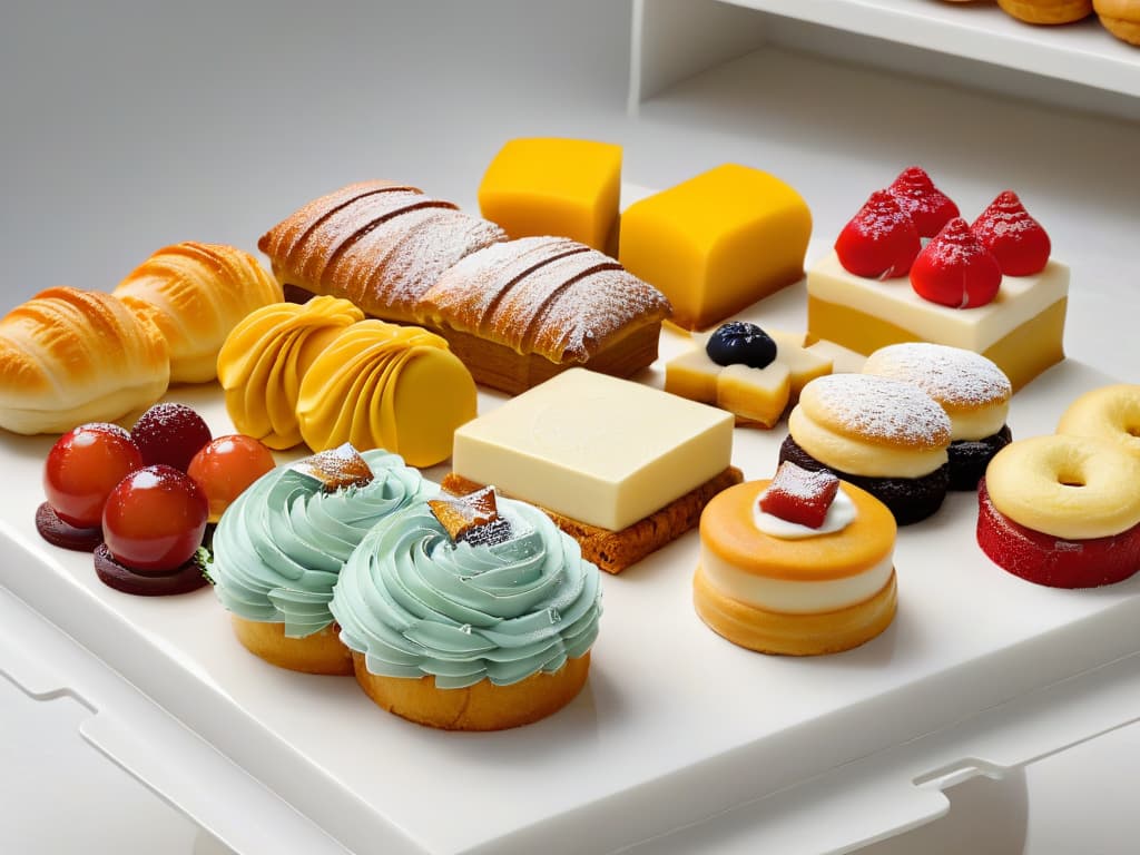  A minimalist image showcasing an array of exquisitely decorated pastries in various shapes, sizes, and colors, artfully arranged on a sleek, marble countertop. Each pastry is meticulously crafted, with intricate designs and delicate details that highlight the skill and artistry of the baker. The soft, natural lighting enhances the vibrant colors of the pastries, creating a visually stunning and appetizing display that captivates the viewer's attention. hyperrealistic, full body, detailed clothing, highly detailed, cinematic lighting, stunningly beautiful, intricate, sharp focus, f/1. 8, 85mm, (centered image composition), (professionally color graded), ((bright soft diffused light)), volumetric fog, trending on instagram, trending on tumblr, HDR 4K, 8K