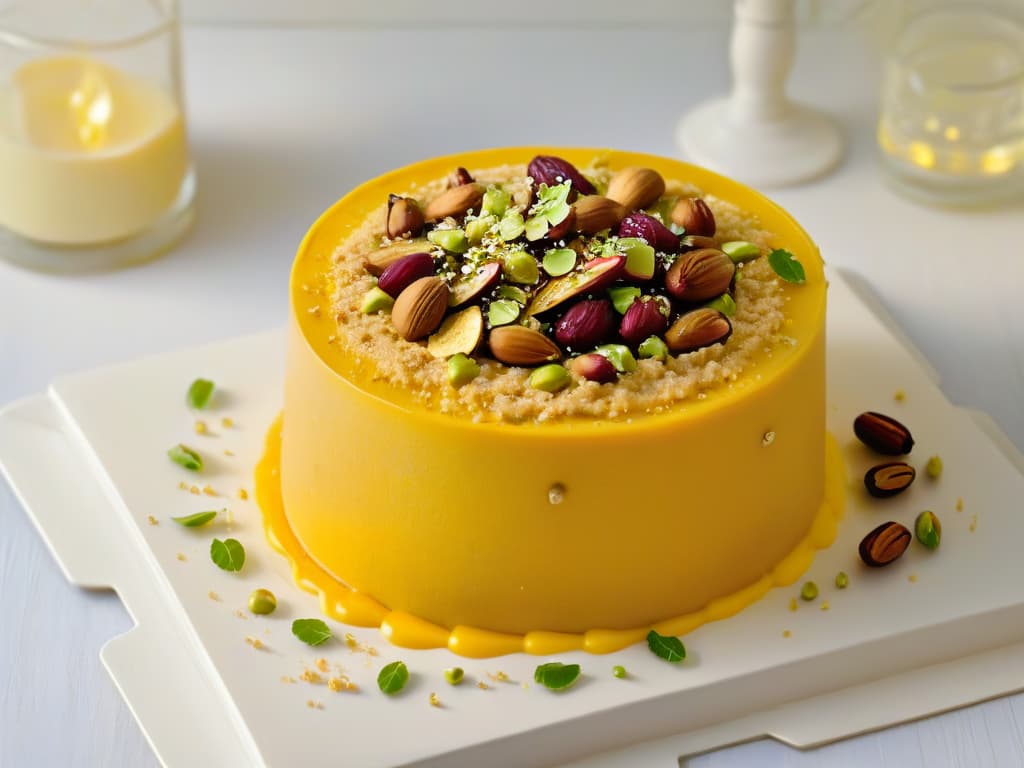  A closeup, ultradetailed image of a beautifully arranged platter of African halva, showcasing its rich, nutty texture and vibrant colors. The halva is elegantly garnished with a sprinkle of crushed pistachios and a drizzle of golden honey, creating a visually striking and appetizing composition. The lighting highlights the intricate layers and textures of the halva, making it appear almost irresistible. hyperrealistic, full body, detailed clothing, highly detailed, cinematic lighting, stunningly beautiful, intricate, sharp focus, f/1. 8, 85mm, (centered image composition), (professionally color graded), ((bright soft diffused light)), volumetric fog, trending on instagram, trending on tumblr, HDR 4K, 8K