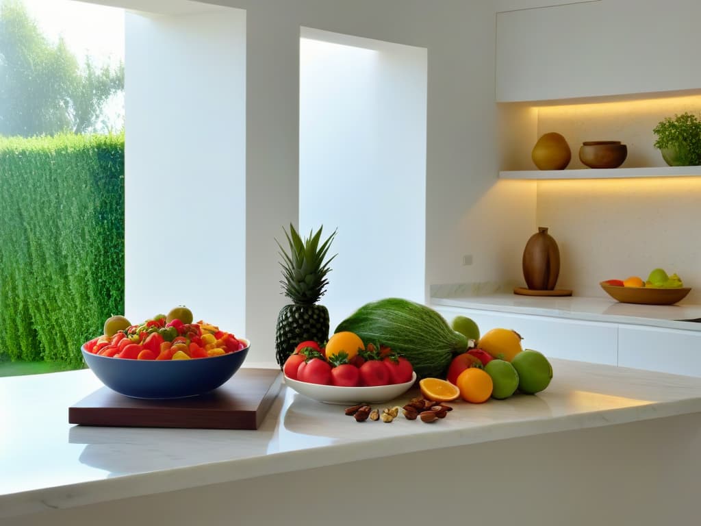  A minimalist, highresolution image of a sleek, modern kitchen filled with an array of vibrant, fresh plantbased ingredients like ripe fruits, nuts, seeds, and colorful vegetables neatly organized on a white marble countertop, with natural light streaming in from a large window in the background, casting soft shadows over the scene. hyperrealistic, full body, detailed clothing, highly detailed, cinematic lighting, stunningly beautiful, intricate, sharp focus, f/1. 8, 85mm, (centered image composition), (professionally color graded), ((bright soft diffused light)), volumetric fog, trending on instagram, trending on tumblr, HDR 4K, 8K