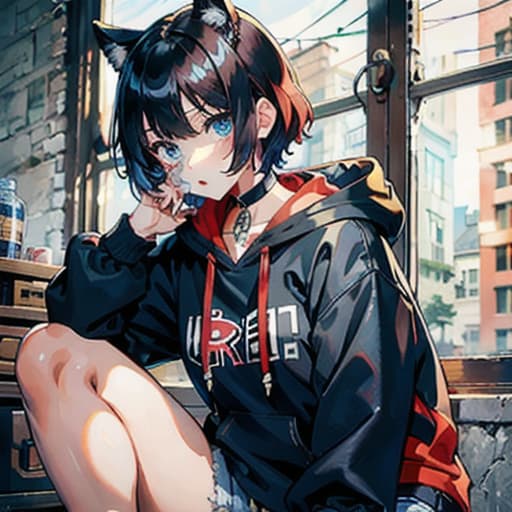  master piece , best quality,Girl Short hair Red hair Blue eyes Black hoodie Denim shorts Black cat ears