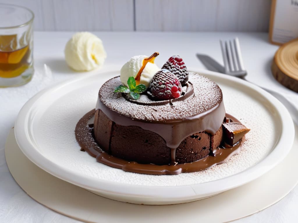  A photorealistic image of a decadent chocolate lava cake with a glossy exterior, placed on a delicate white plate, dusted with a light sprinkle of powdered sugar, next to a scoop of creamy vanilla ice cream melting slightly on the side. The cake is oozing with rich, molten chocolate, and there are fresh raspberries and mint leaves artistically arranged around the plate, enhancing the visual appeal of the dessert. The lighting is soft, casting gentle shadows to create depth and highlight the textures of the dessert components. hyperrealistic, full body, detailed clothing, highly detailed, cinematic lighting, stunningly beautiful, intricate, sharp focus, f/1. 8, 85mm, (centered image composition), (professionally color graded), ((bright soft diffused light)), volumetric fog, trending on instagram, trending on tumblr, HDR 4K, 8K