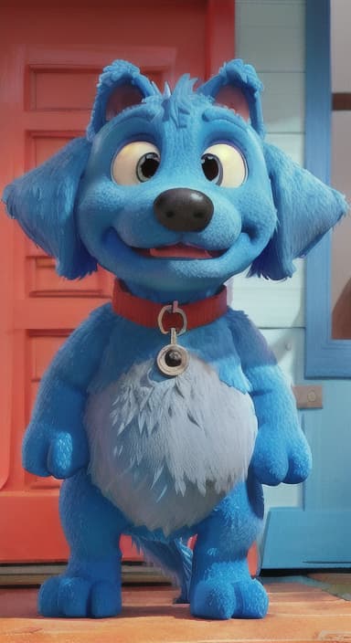  {Max the big blue dog standing in front of a cozy little house with a red door, The big blue dog is large with sky blue fur, big round eyes, a black nose, and floppy ears.