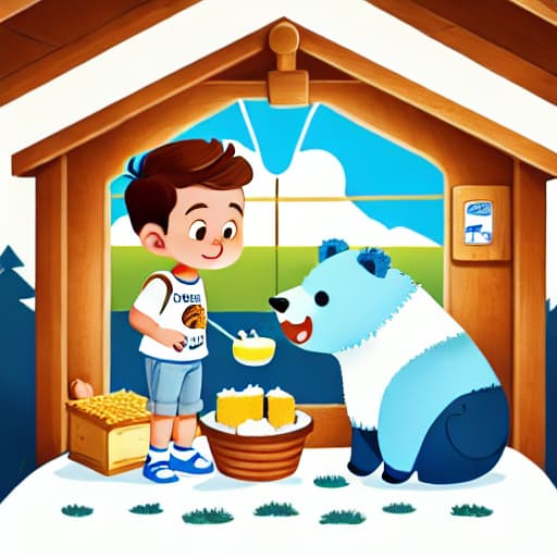  a boy with short hair and white shirt with blu jeans is standing, and a bear is sitting and eating honey, in the cabin