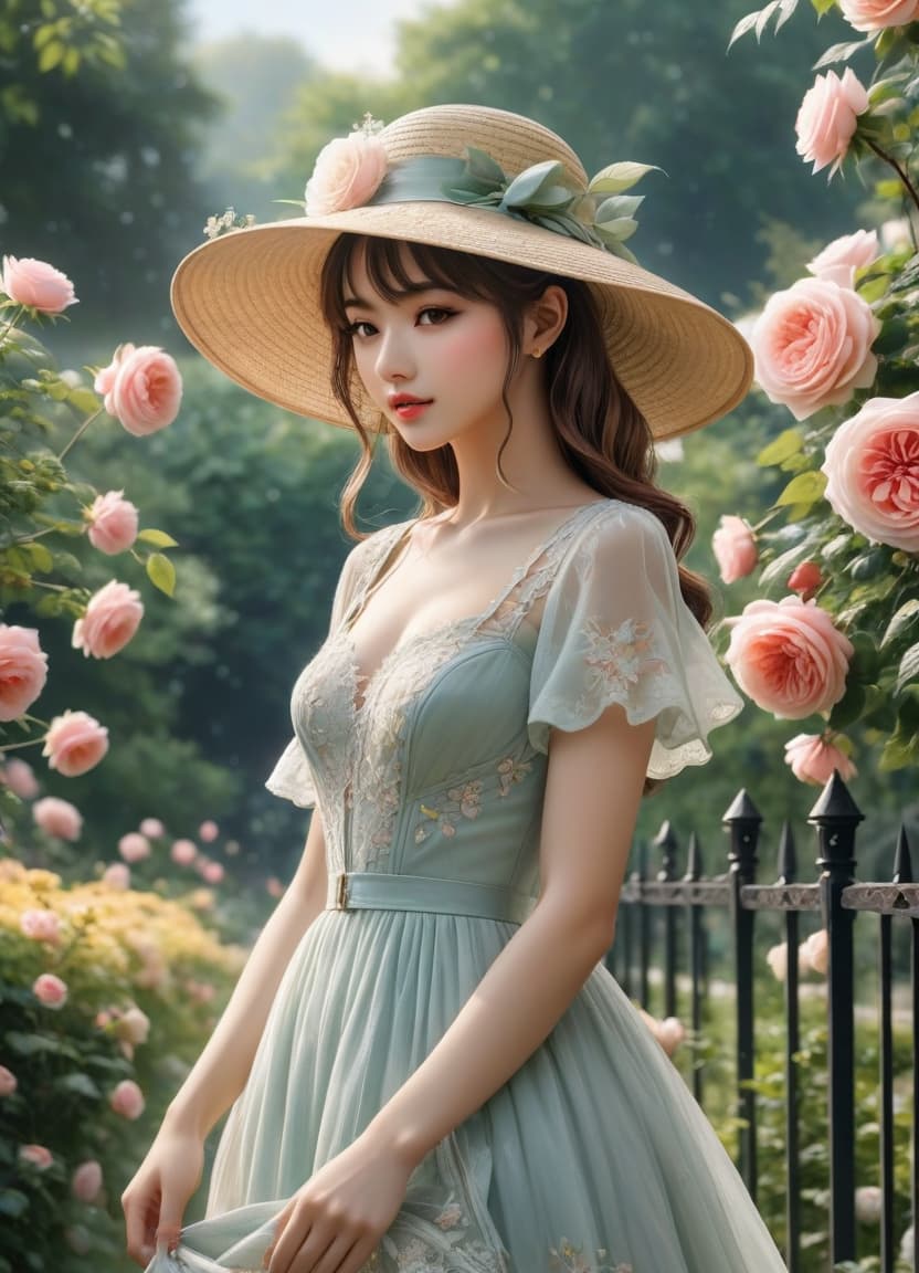  anime artwork Delicate English watercolour in pastel tones, on the background of English garden flowers powder roses in dew, among roses stands a lovely in a straw hat decorated with flowers and in a lush dress with lace, openwork wrought iron fence, octane, dew glistens and shimmers in the sun lumen, in the distance marble statue, aesthetic flowers,art botanical, organic biological,realistic . anime style, key visual, vint, studio anime, highly detailed hyperrealistic, full body, detailed clothing, highly detailed, cinematic lighting, stunningly beautiful, intricate, sharp focus, f/1. 8, 85mm, (centered image composition), (professionally color graded), ((bright soft diffused light)), volumetric fog, trending on instagram, trending on tumblr, HDR 4K, 8K