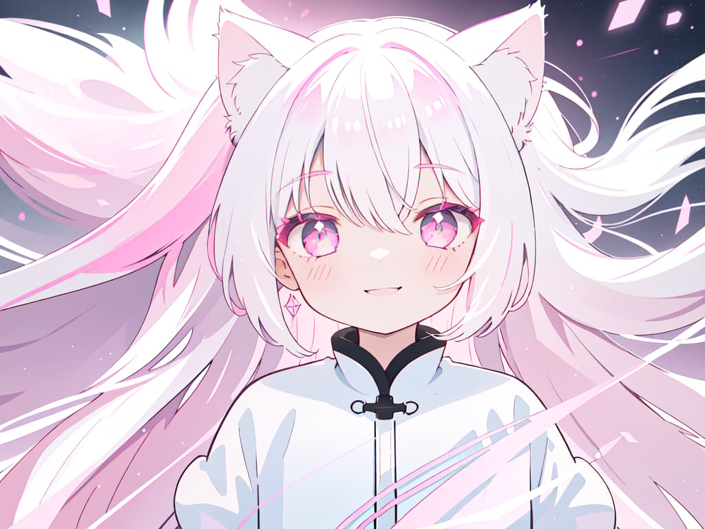  1 Girl, solo, white hair, dark pink, gradation, twosideup, long hair, angel, cat ears, smiles, whole body, masterpiece, best quality,8k,ultra detailed,high resolution,an extremely delicate and beautiful,hyper detail