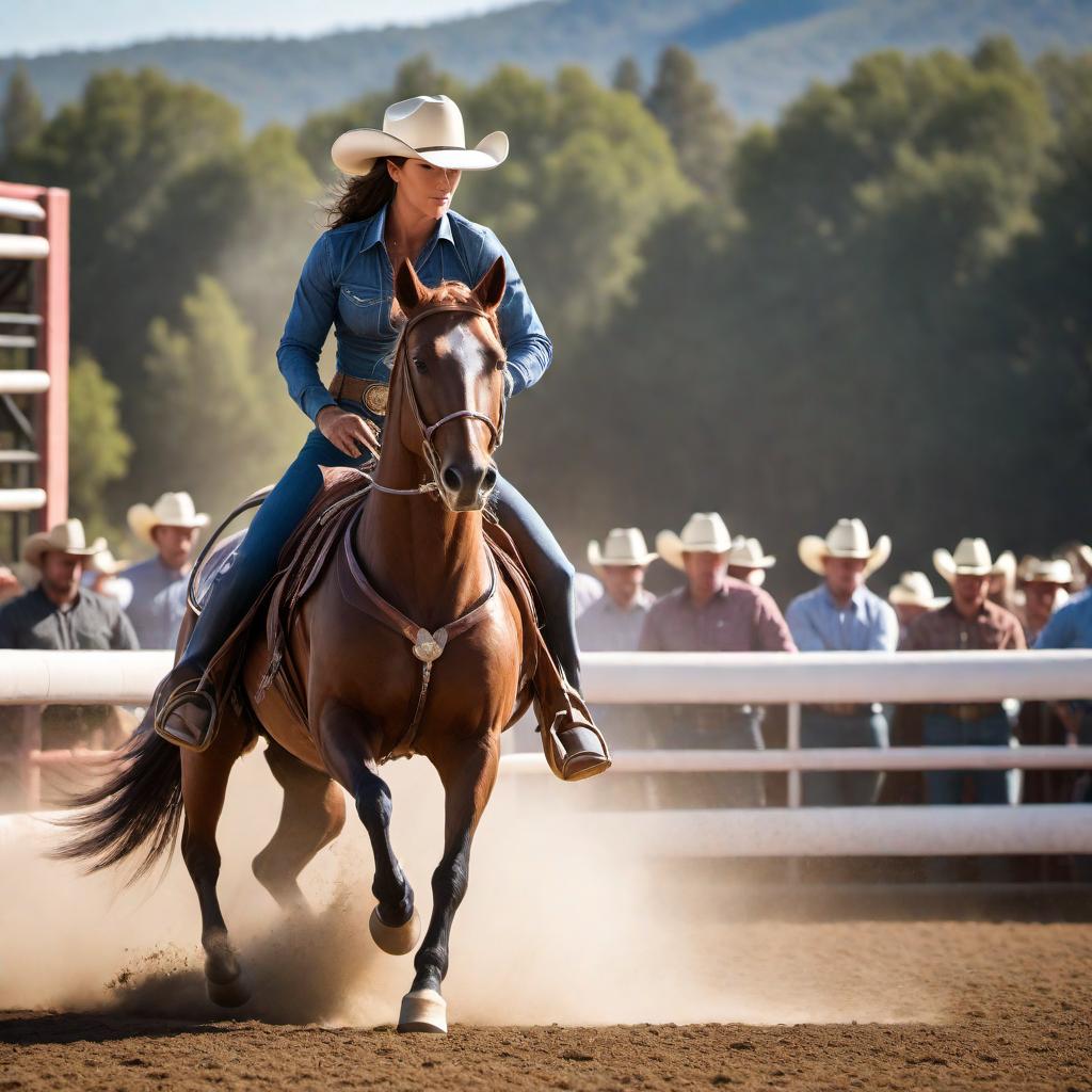  A age barrel racer on a horse, taking the last turn around the barrel. The ager, wearing a clic barrel racing outfit with a cowboy hat, is in a focused stance, leaning into the turn with determination. The horse, a muscular quarter horse with a glossy coat, is captured in a dynamic pose, showcasing its agility and strength as it tightly circles the final barrel. The ground shows signs of being kicked up from the powerful gallop, and the background features an audience watching from the sidelines of a sunlit outdoor rodeo arena. hyperrealistic, full body, detailed clothing, highly detailed, cinematic lighting, stunningly beautiful, intricate, sharp focus, f/1. 8, 85mm, (centered image composition), (professionally color graded), ((bright soft diffused light)), volumetric fog, trending on instagram, trending on tumblr, HDR 4K, 8K