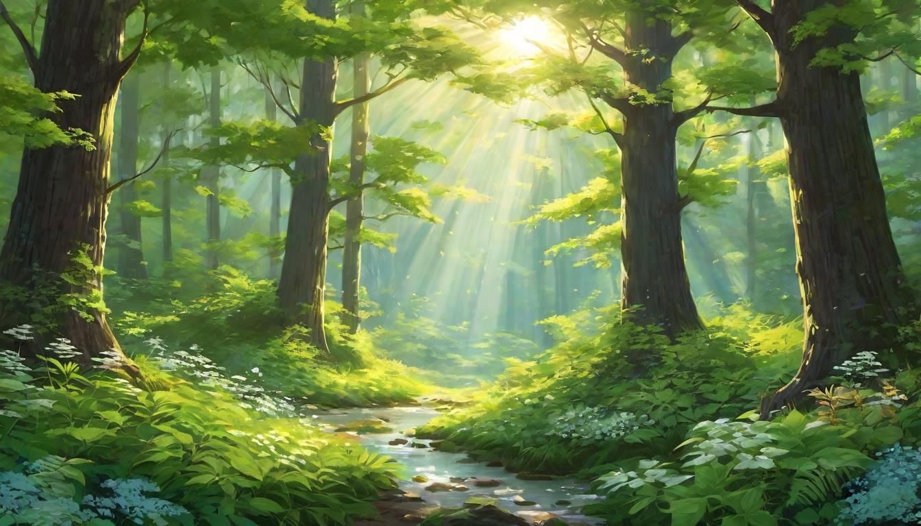  digital illustration, A serene forest with a soft sunlight filtering through the canopy, lush green foliage, scattered wildflowers, tranquil ambience, nurturing energy, looking at viewer, dynamic pose, (intricate details, masterpiece, best quality)