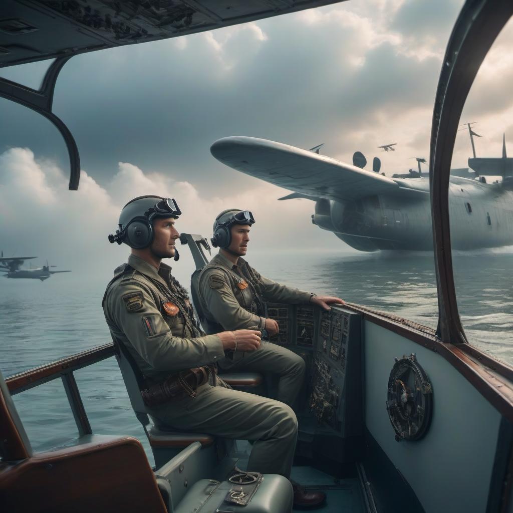  Two male pilots inside a flying boat. They fly over a watery surface. One man is close to the plane's window. Mermaids jump from the water, one of the men gazes at this. Side view. hyperrealistic, full body, detailed clothing, highly detailed, cinematic lighting, stunningly beautiful, intricate, sharp focus, f/1. 8, 85mm, (centered image composition), (professionally color graded), ((bright soft diffused light)), volumetric fog, trending on instagram, trending on tumblr, HDR 4K, 8K