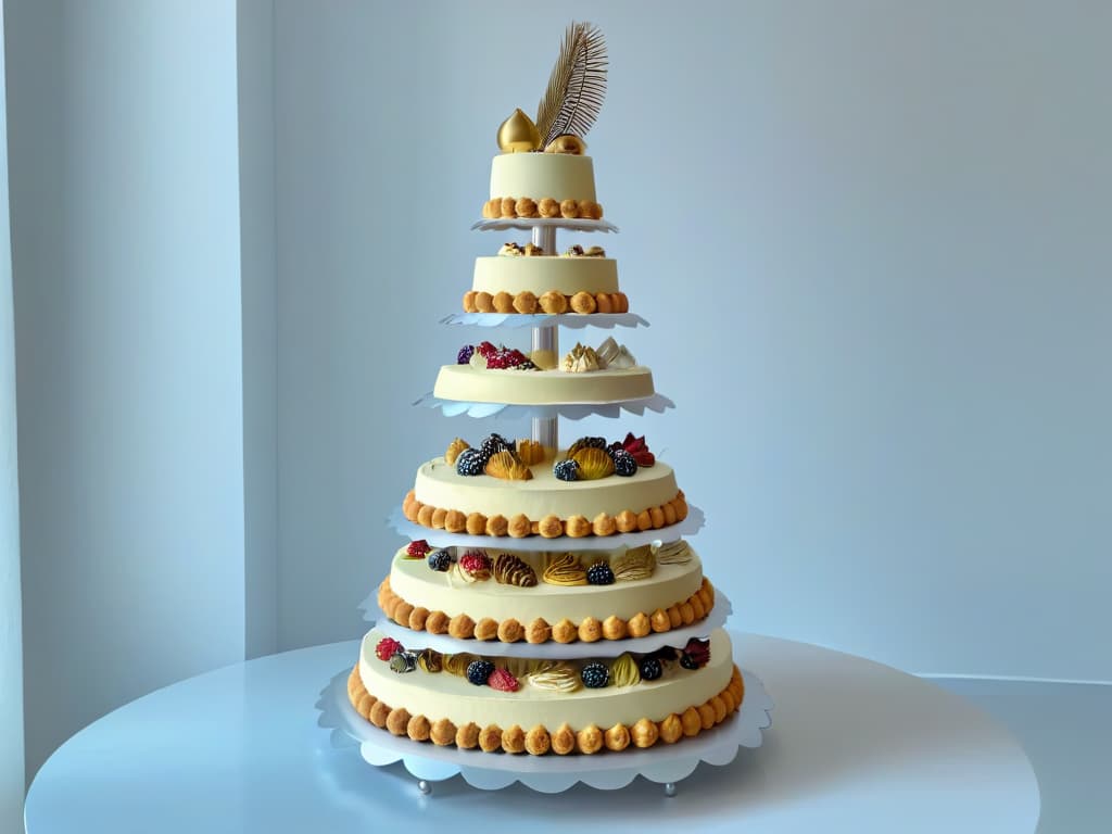  A photorealistic image of a grand, ornate dessert display featuring intricately designed pastries, towering croquembouches, delicate sugar sculptures, and elegant decorations reminiscent of Antonin Carême's iconic pastry creations. The scene is set in a luxurious, classic French patisserie with dimmed lighting that highlights the shimmering glaze and intricate details of each dessert. The image conveys a sense of sophistication, artistry, and culinary mastery, paying homage to Carême's legacy in the world of pastry. hyperrealistic, full body, detailed clothing, highly detailed, cinematic lighting, stunningly beautiful, intricate, sharp focus, f/1. 8, 85mm, (centered image composition), (professionally color graded), ((bright soft diffused light)), volumetric fog, trending on instagram, trending on tumblr, HDR 4K, 8K