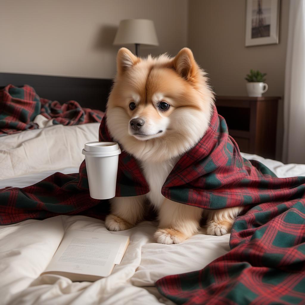  Pack Chimin sitting with light hair on bed covered in soft plaid next to coffee cup.