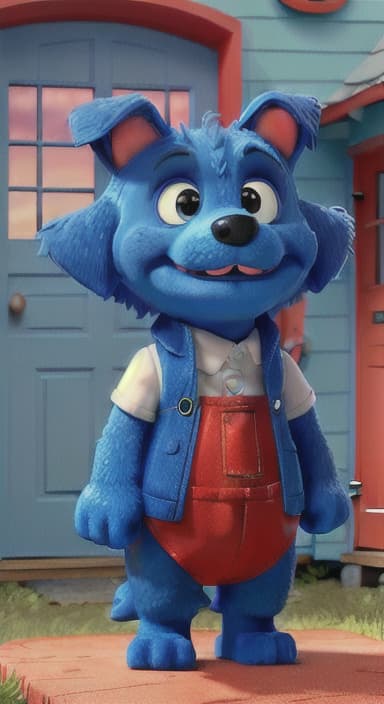  {Max the big blue dog standing in front of a cozy little house with a red door, The big blue dog is large with sky blue fur, big round eyes, a black nose, and floppy ears.