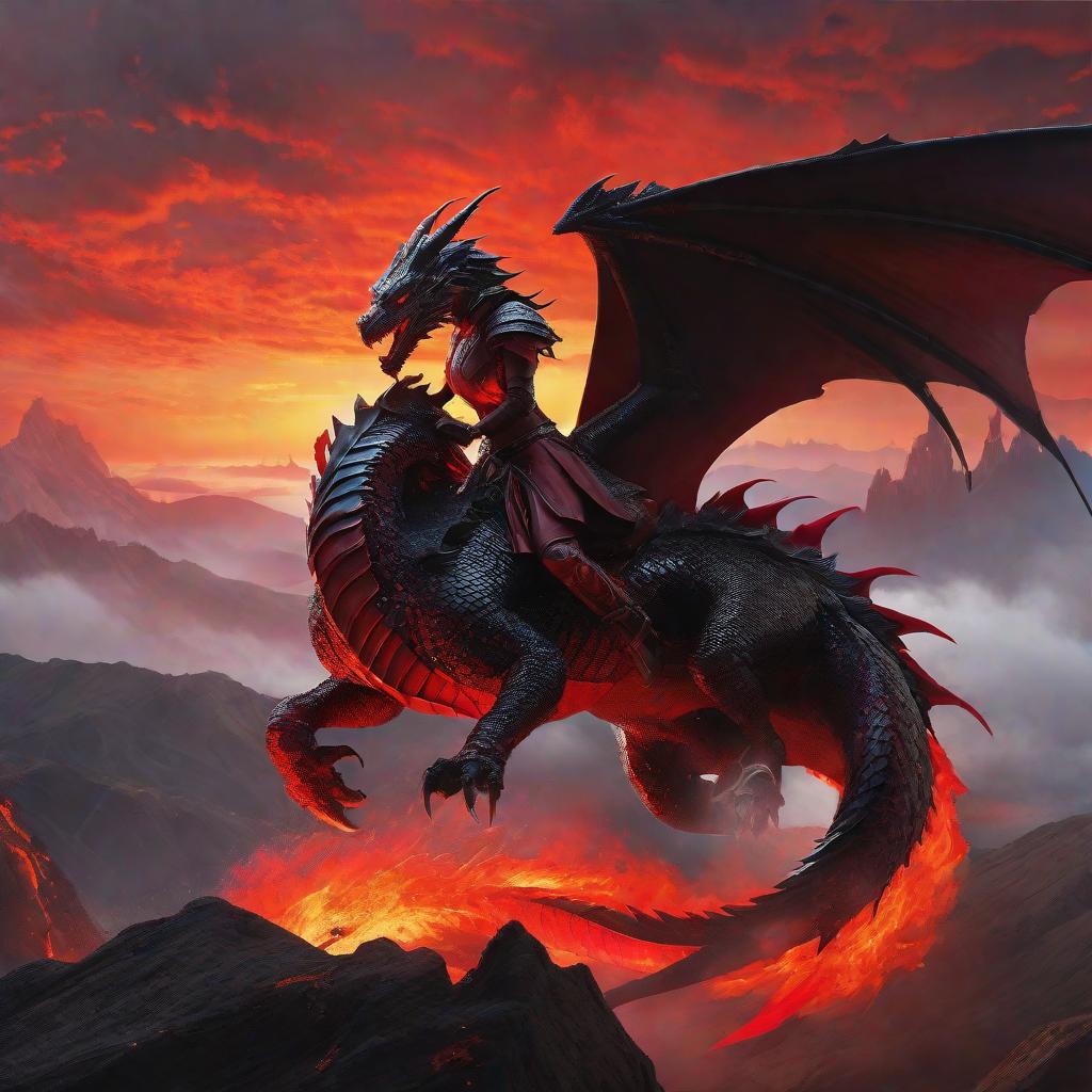  masterpiece, best quality, A fierce female dragon rider, her body adorned in a suit of black and red scale armor, mounted on a majestic dragon of vibrant colors. The scene is set against a backdrop of a desolate, fiery landscape, with billowing smoke and molten lava flowing beneath them. The atmosphere is tense and foreboding, as if they are on a dangerous quest. The style of the prompt is a highly detailed digital painting, showcasing intricate armor designs and the intricate scales of the dragon. The lighting is dramatic, casting deep shadows and emphasizing the dragon rider's determined expression. Realized using a high-resolution digital camera, capturing every minute detail, and post-processed to enhance the fiery hues of the surroundi