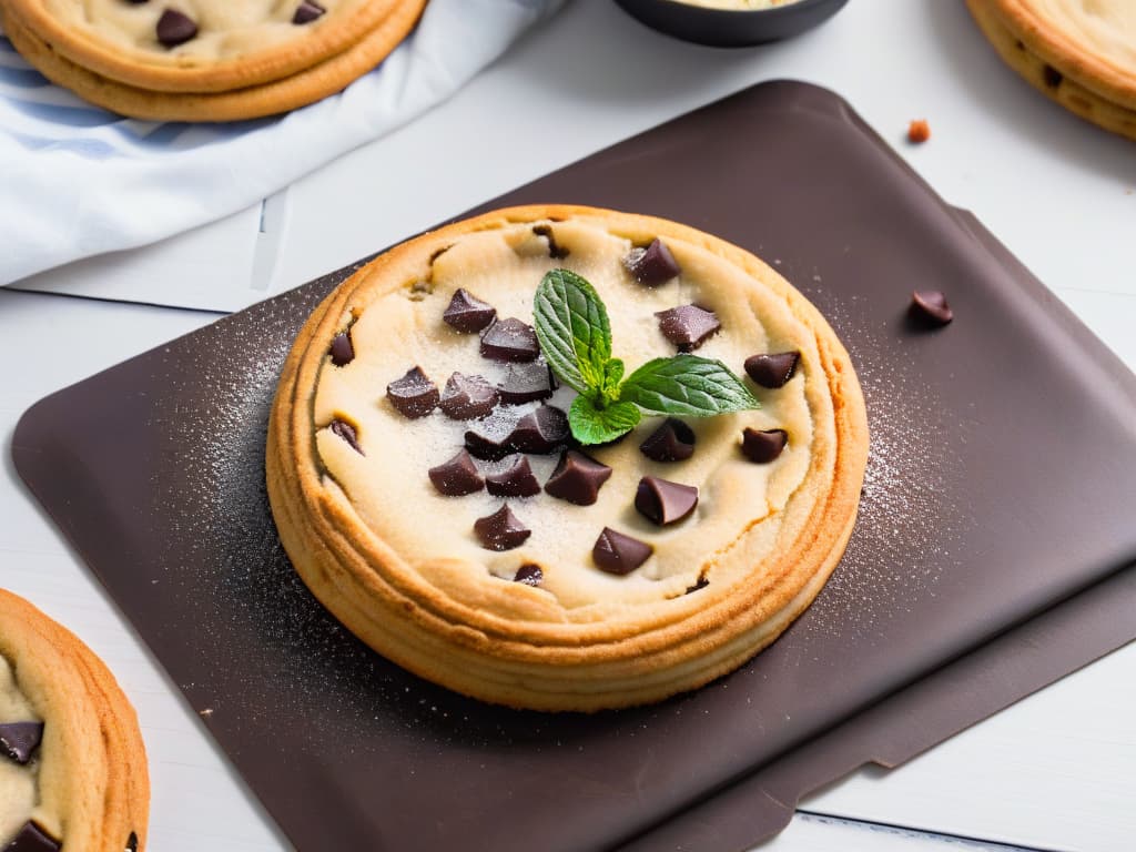  A closeup, ultradetailed image of a perfectly goldenbrown chocolate chip cookie resting on a Silpat baking mat, showcasing crisp edges and gooey center, with a sprinkle of flaky sea salt on top. The cookie is surrounded by a few highquality chocolate chips and a sprig of fresh mint, all set against a sleek, modern kitchen background with soft natural lighting. hyperrealistic, full body, detailed clothing, highly detailed, cinematic lighting, stunningly beautiful, intricate, sharp focus, f/1. 8, 85mm, (centered image composition), (professionally color graded), ((bright soft diffused light)), volumetric fog, trending on instagram, trending on tumblr, HDR 4K, 8K