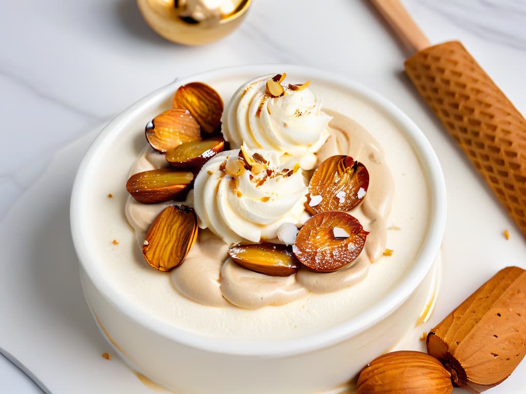  A closeup, ultradetailed image of a scoop of creamy homemade almond and nougat ice cream, delicately placed on a chilled marble surface. The ice cream glistens under soft, natural lighting, showcasing the intricate swirls of caramelized almonds and honeyinfused nougat. The scoop is perfectly rounded, with tiny air pockets creating a velvety texture, and a sprinkle of crushed almonds on top adds a touch of elegance. The subtle hues of beige and caramel contrast beautifully with the pristine white of the marble, evoking a sense of luxury and indulgence. hyperrealistic, full body, detailed clothing, highly detailed, cinematic lighting, stunningly beautiful, intricate, sharp focus, f/1. 8, 85mm, (centered image composition), (professionally color graded), ((bright soft diffused light)), volumetric fog, trending on instagram, trending on tumblr, HDR 4K, 8K