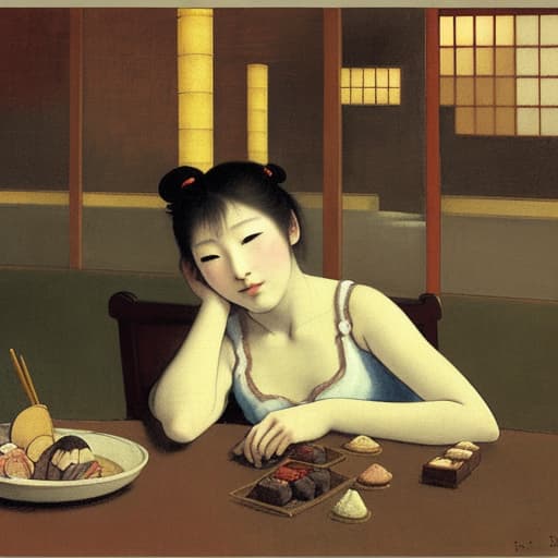  Beautiful young Japanese reclining on a dinner table, fine chocolates. Background is a Japanese restaurant. Painting style of Edgar Degas